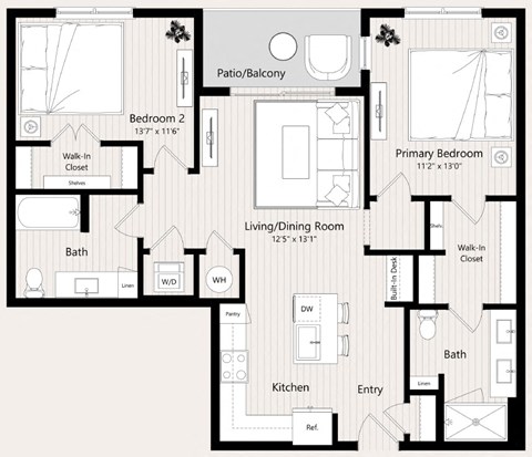 Floor plan for 2 beds, 2 baths, 1058 sqft